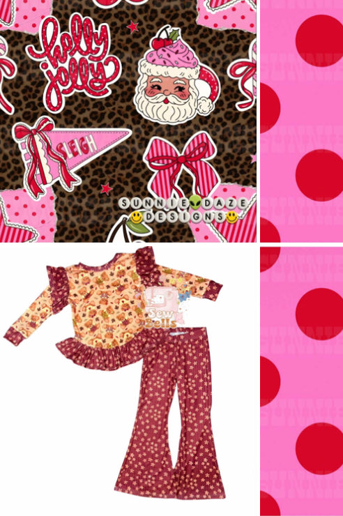 18/24 LS jasmine top + coord dolman ruffles  & coord flares (pink with red dots)